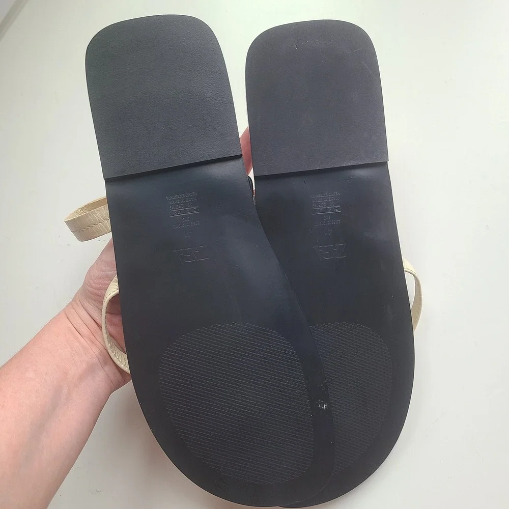 Zara Womens Sz 10 Flat Sandals Abierto Leather Ivory Cream NEW Strappy Beach‎ - Picture 4 of 5